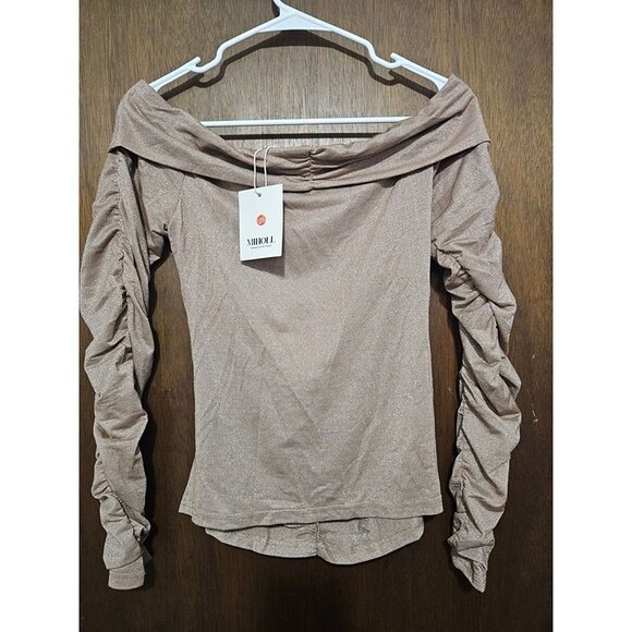 Women's Long Sleeve Off the Shoulder Shirts Tight Fitted Ruched - Size SM - Picture 2 of 6